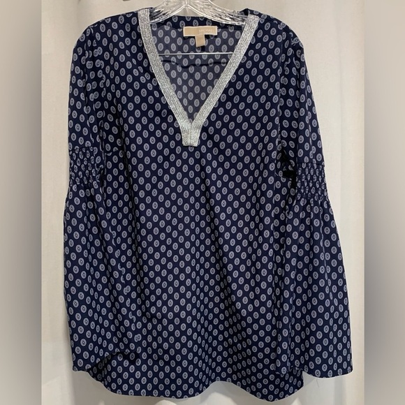 Michael Kors Women’s Open V-Neck Tunic, Blue w/Circle Pattern, Smocking, Size M - Picture 1 of 10